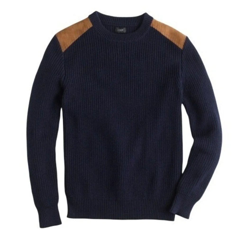 J.Crew Mens Woodsman Sweater Size‎ XL Crew Neck Navy Blue Suede Shoulder Patches